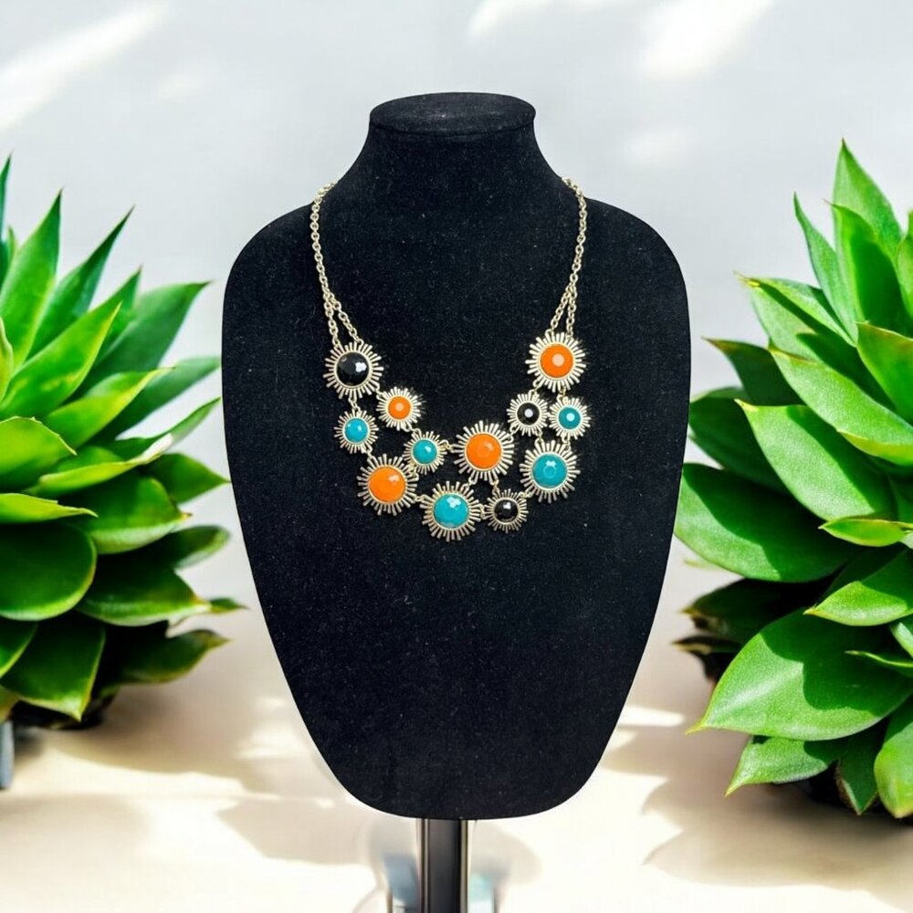 Sunburst Bib Statement Necklace Gold Tone Orange Turquoise Black Unbranded